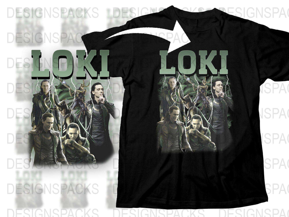 Loki Graphic T-Shirt, Marvel Superhero Multiple Poses Design, Black Tee, Fan Merchandise, Unisex Adult Clothing, Gift for Movie Fans