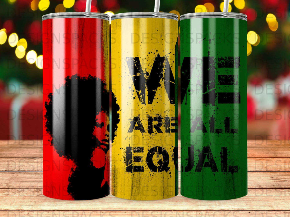 Tumblers with Black woman silhouette and "We are all equal" text.
