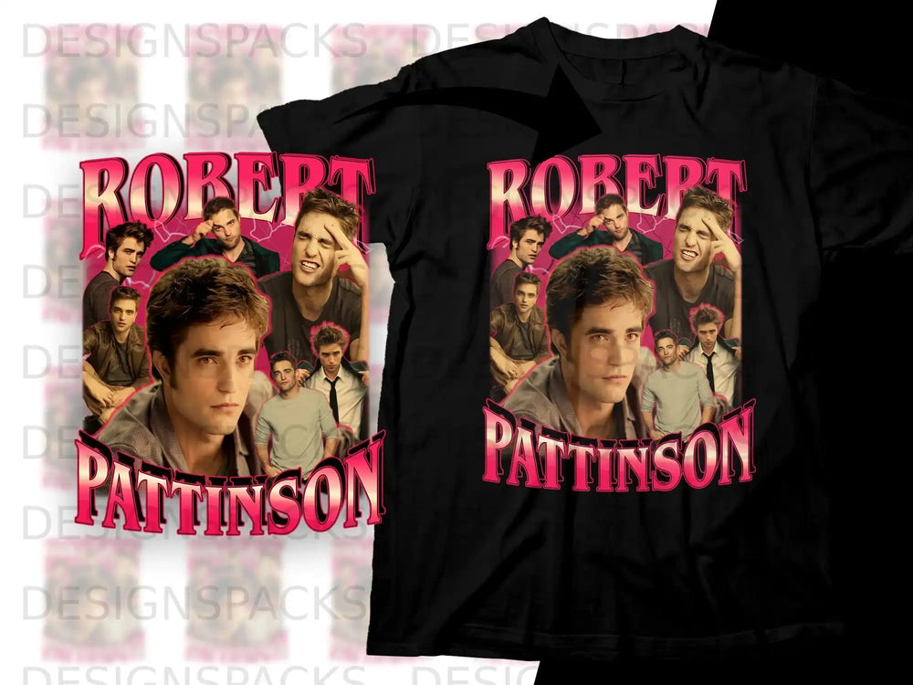 Robert Pattinson collage t-shirt design with "ROBERT PATTINSON" text.