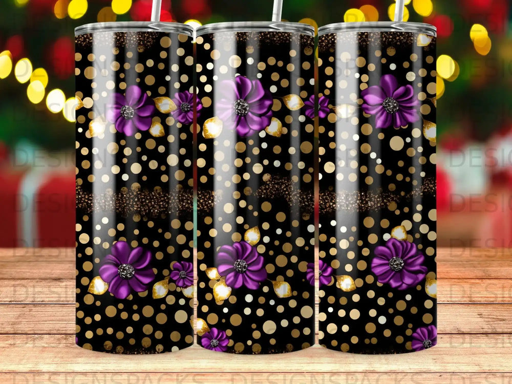 Black tumbler with purple flowers and gold glitter polka dots.
