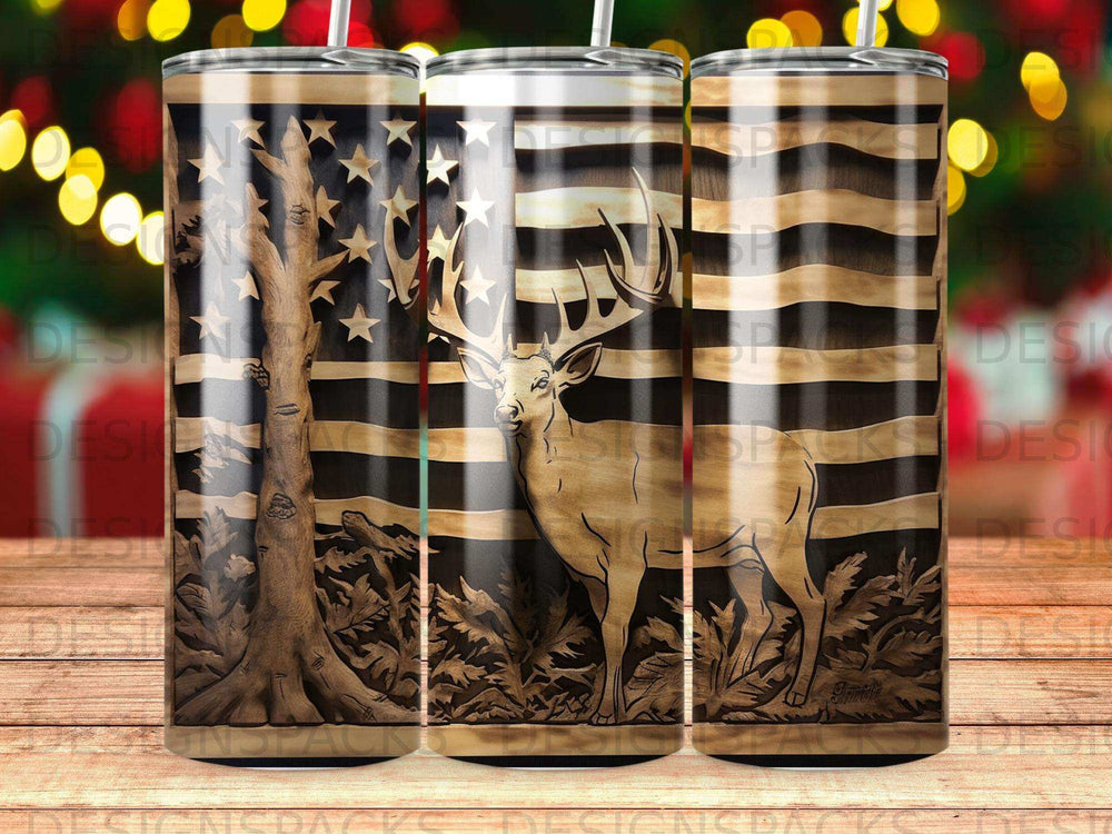 Wood-carved deer against American flag and tree silhouette.