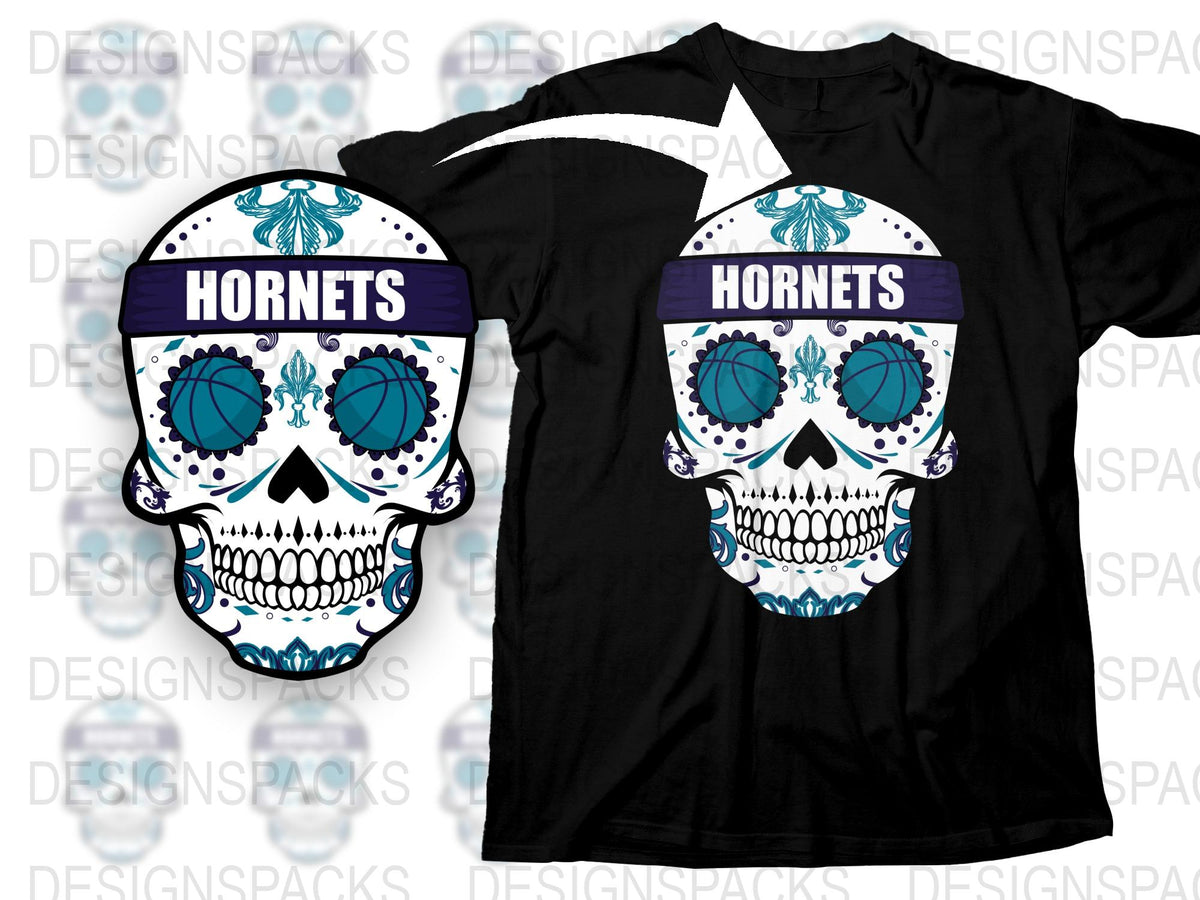 Hornets Skull T-Shirt, Blue and White Graphic Tee, Sports Team Fan Apparel, Unique Skull Design Shirt for Sports Lovers