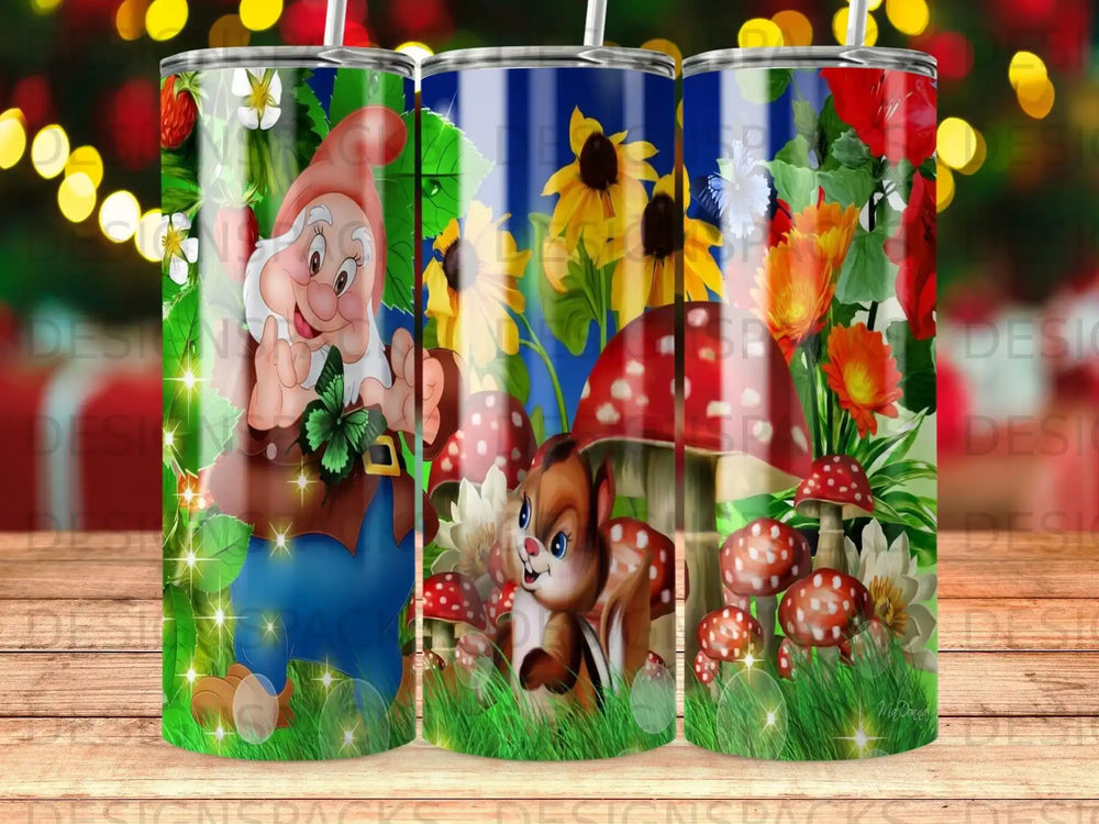 Three tumblers with colorful cartoon designs featuring Snow White characters and woodland creatures.