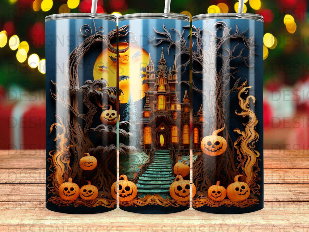 Halloween castle with pumpkins and a full moon.