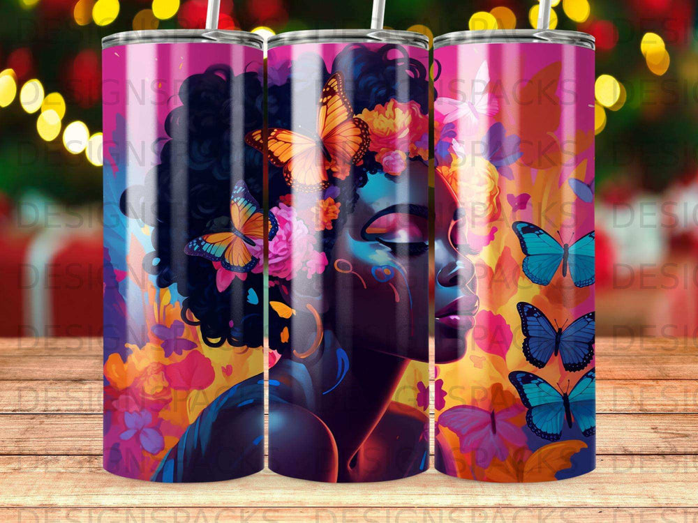 Woman with butterflies and flowers on a purple tumbler.