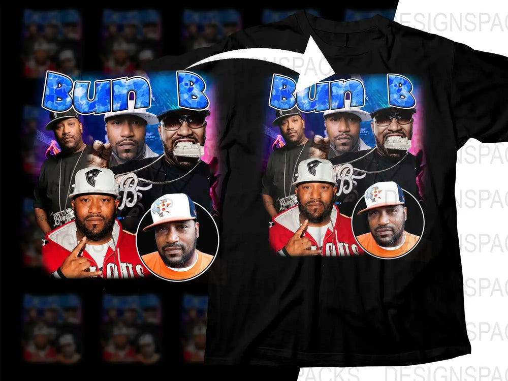Bun B themed t-shirt design with vibrant graphics and multiple portraits for DTG/DTF printing