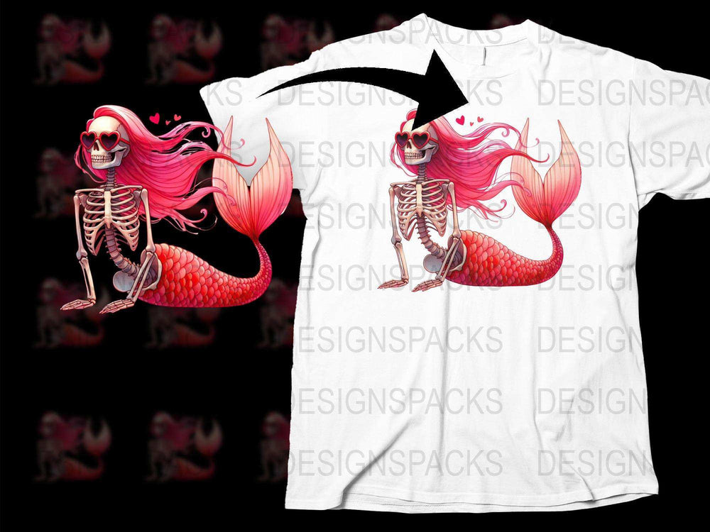 Fantasy Mermaid Skeleton T-Shirt, Unique Pink Hair Mermaid Graphic Tee, Unisex Adult Clothing