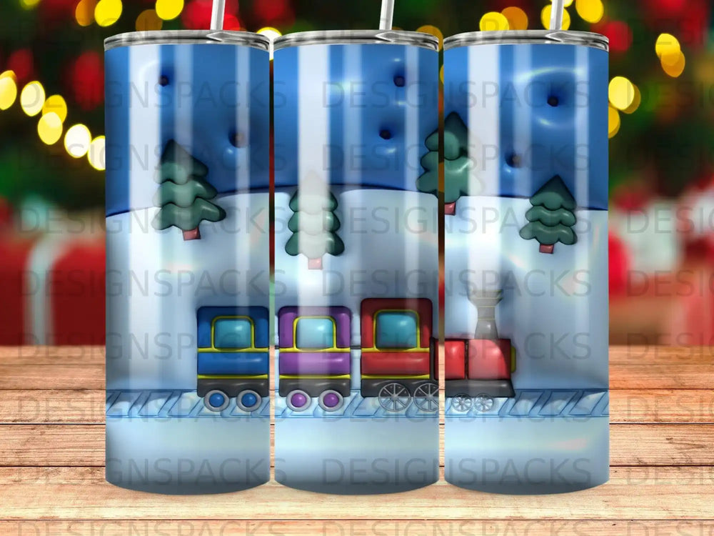 Three toy trains with evergreen trees on a blue and white striped background.