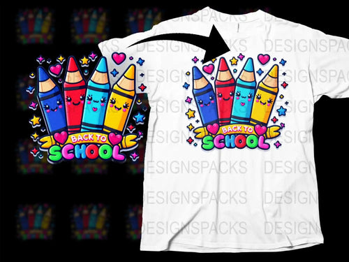 Cute crayon design with 'Back to School' text on white t-shirt, colorful and playful for kids.