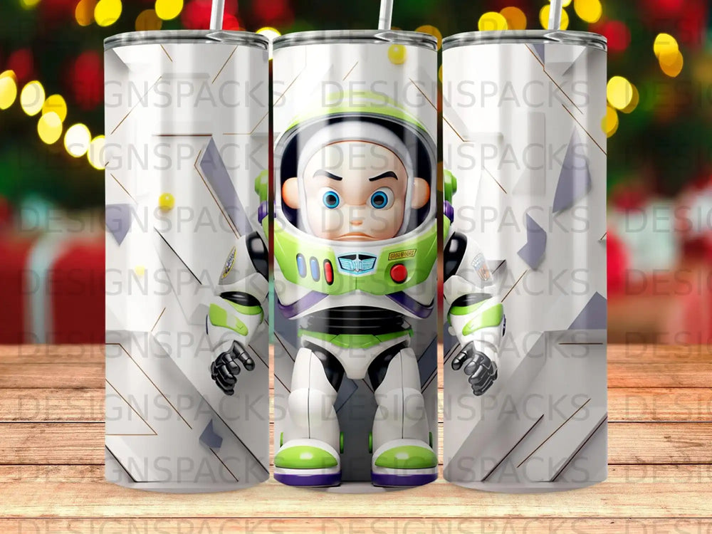 Buzz Lightyear character design on a tumbler with watermarks.