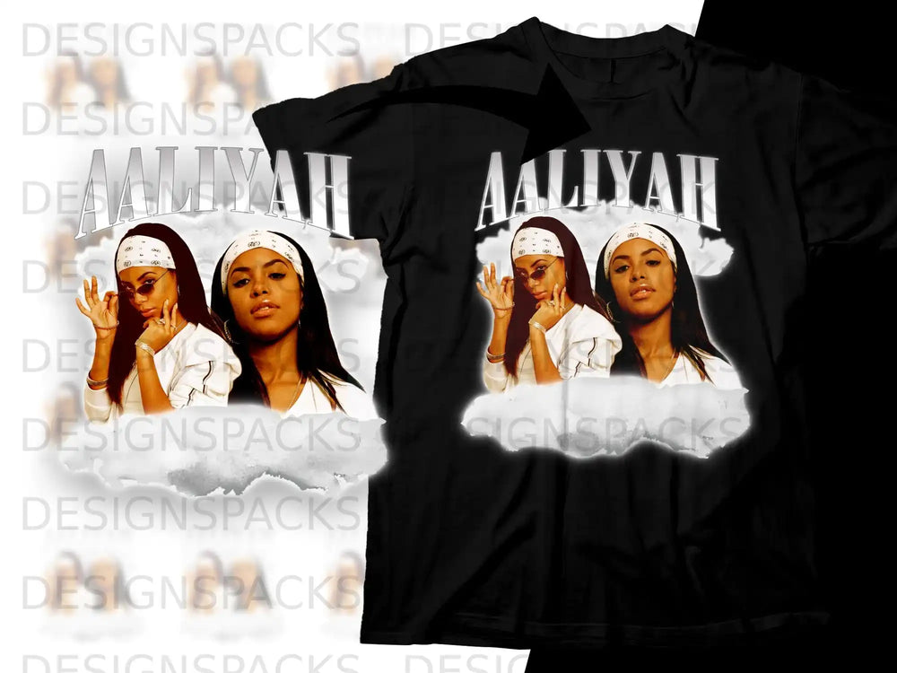 Aaliyah graphic t-shirt with two portraits and text.