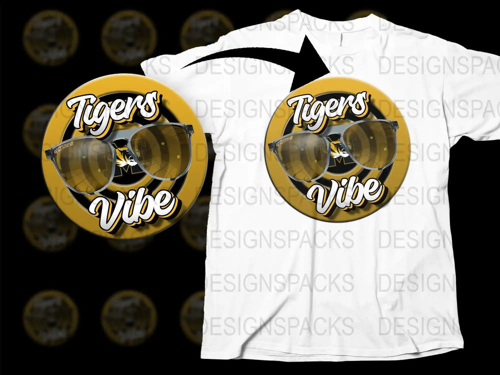 Tigers Vibe design on white t-shirt with sunglasses graphic, ideal for DTF/DTG printing