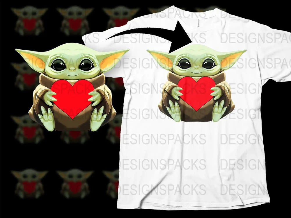 Baby Yoda holding red heart, print-ready design for t-shirts