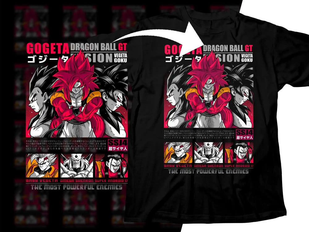 Dragon Ball GT Gogeta SSJ4 t-shirt design with powerful enemies artwork