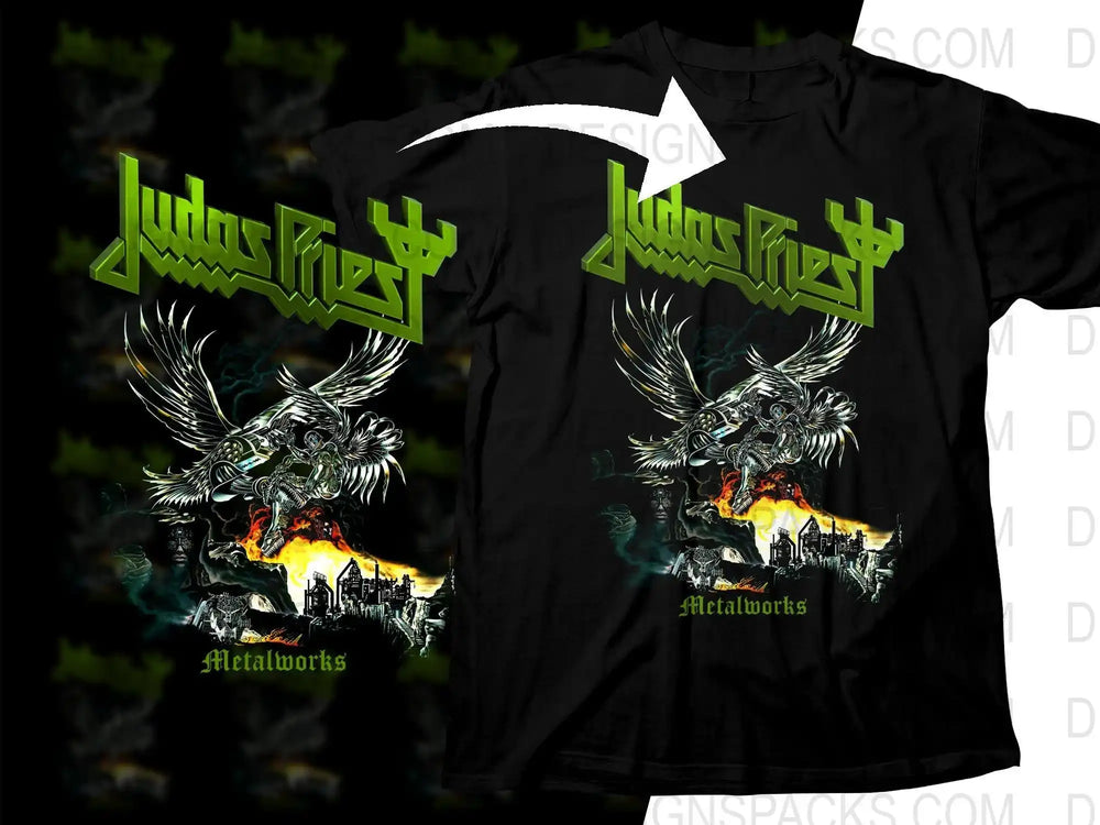 Judas Priest Metalworks t-shirt design with winged figure and fiery cityscape, print-ready graphic