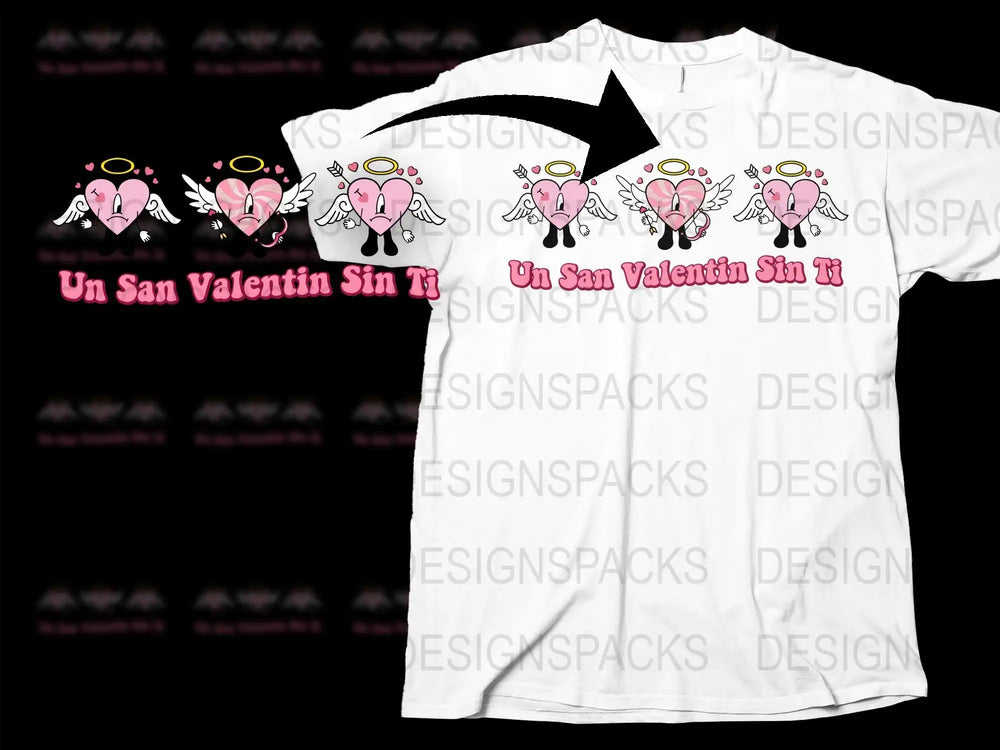 White t-shirt with pink heart angels and 'Un San Valentin Sin Ti' text, print-ready design for DTF/DTG