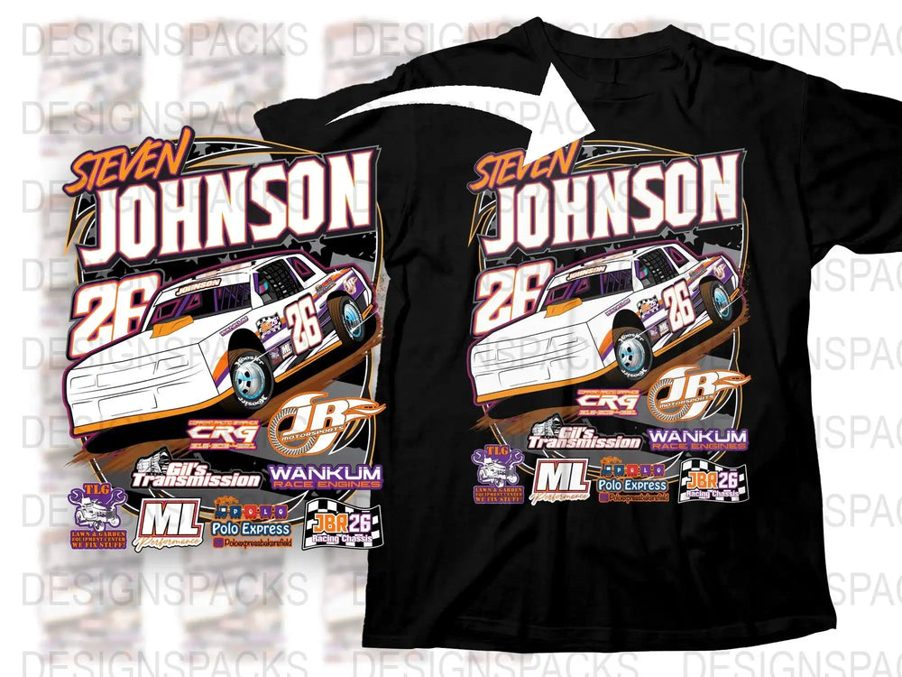 Steven Johnson #26 race car t-shirt design with sponsor logos, print-ready for DTG or DTF