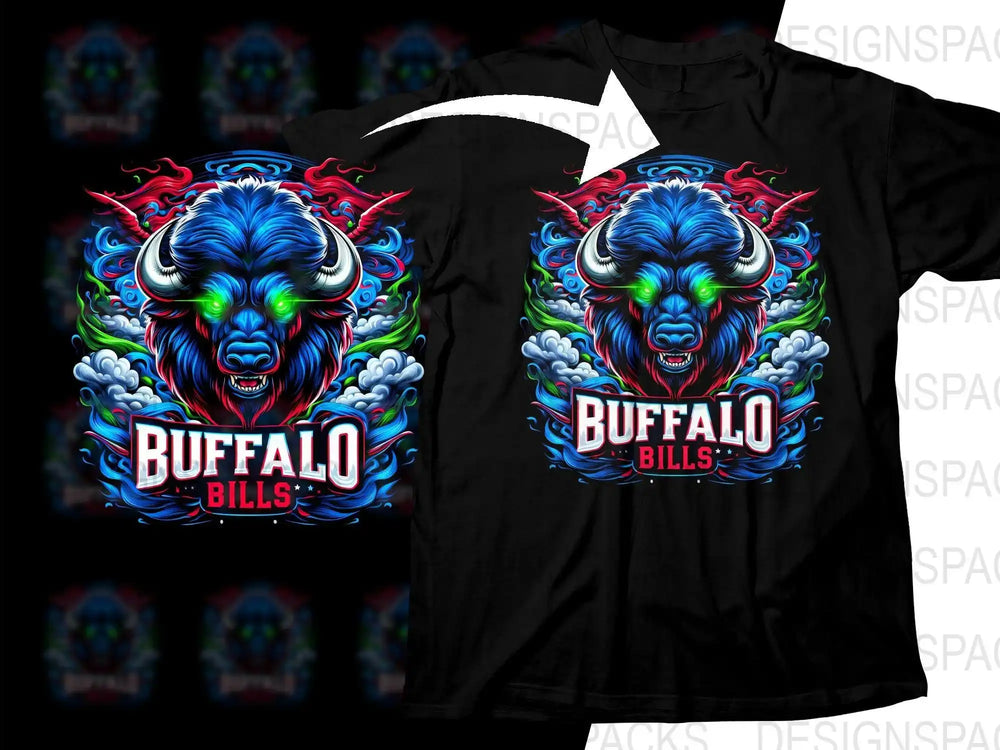 Vibrant blue buffalo with glowing green eyes, red horns, and 'Buffalo Bills' text on black t-shirt design