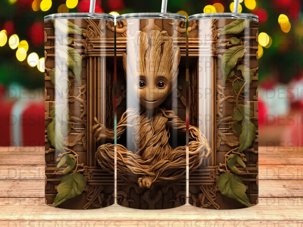 Baby Groot sitting in a tree-like structure, surrounded by leaves.