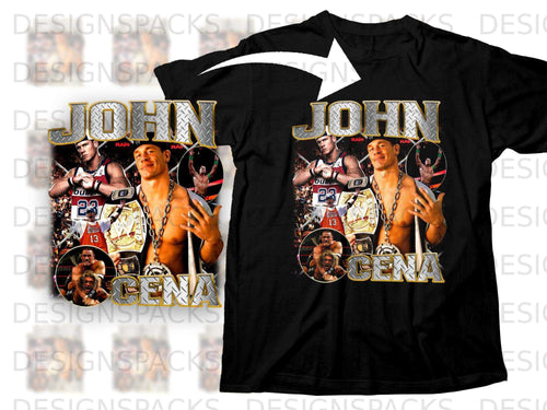 John Cena t-shirt with championship belts and wrestling graphics.