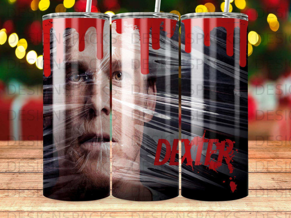 Dexter Morgan's face wrapped in plastic, with blood splatters and the show title.