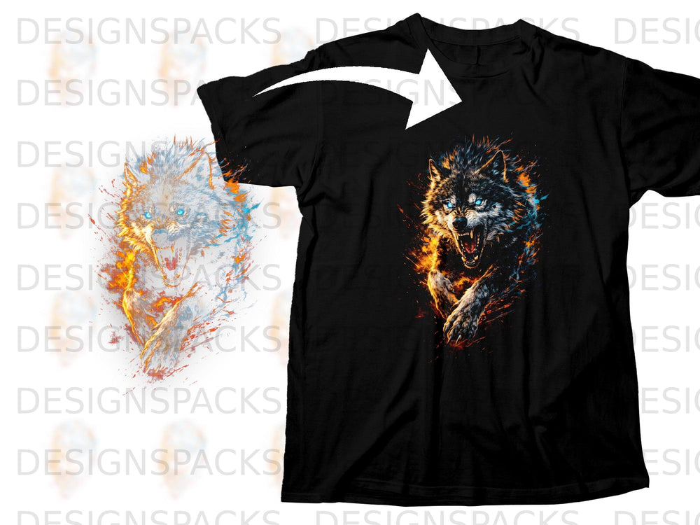 Black t-shirt with a snarling wolf graphic in blue, orange, and black.