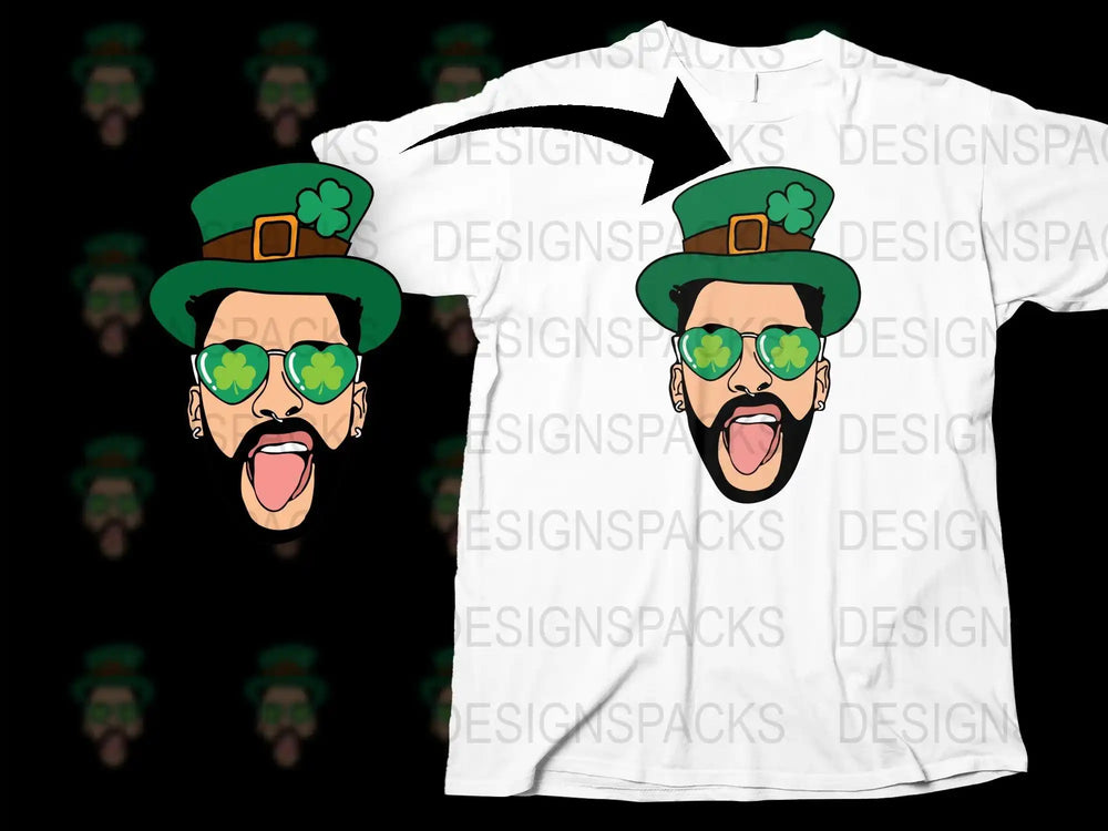 St. Patrick's Day t-shirt design with leprechaun hat, shamrock sunglasses, and playful tongue-out expression