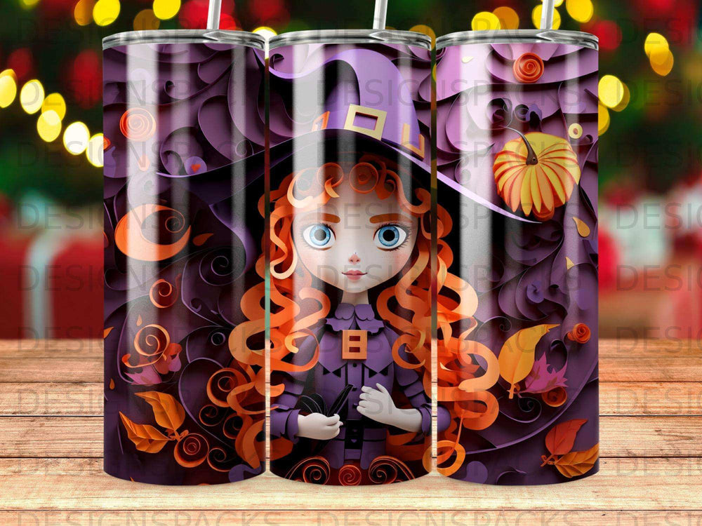 Witchy girl in purple costume with curly orange hair and pumpkin.