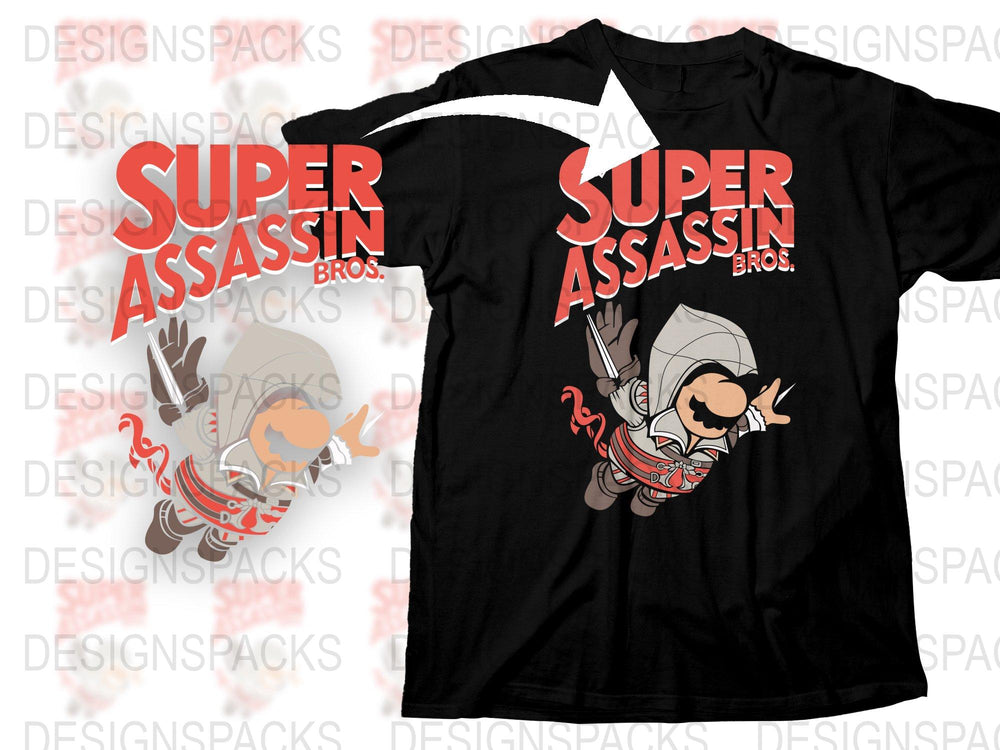 Super Assassin Bros Ninja Graphic T-Shirt, Cool Gamer Tee, Men's Black Cotton Shirt