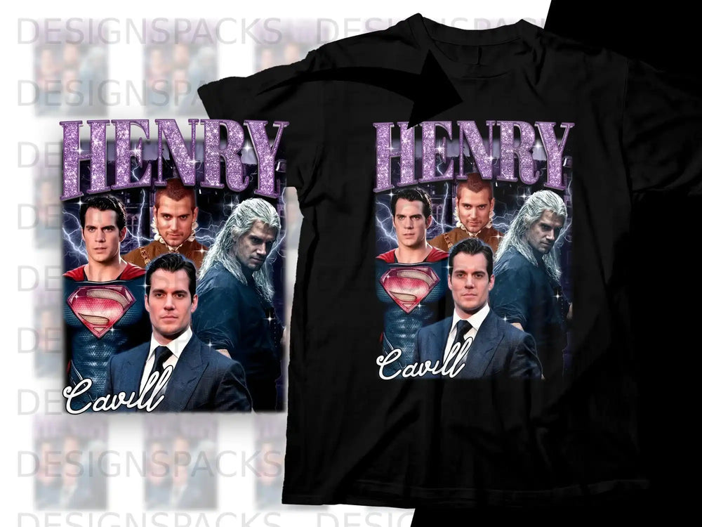 T-shirt graphic featuring Henry Cavill as Superman and Geralt of Rivia.