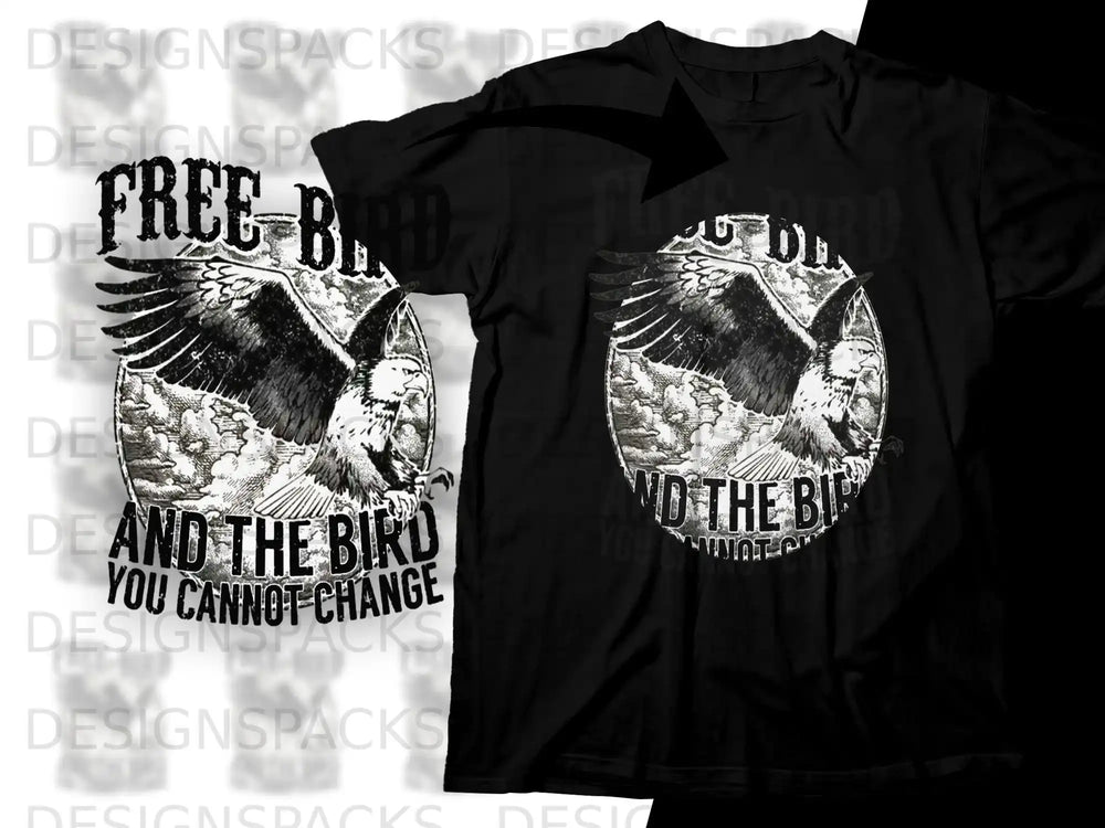Black t-shirt with graphic of an eagle and text "Free Bird You Cannot Change".