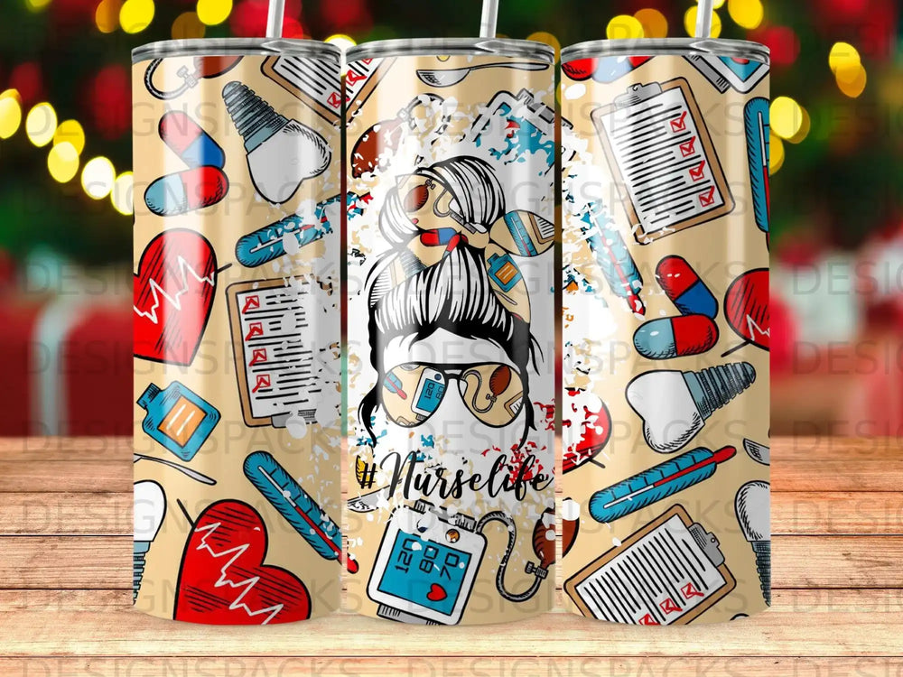Tumbler wrap with medical icons, stethoscope, and "Nurselife" text.