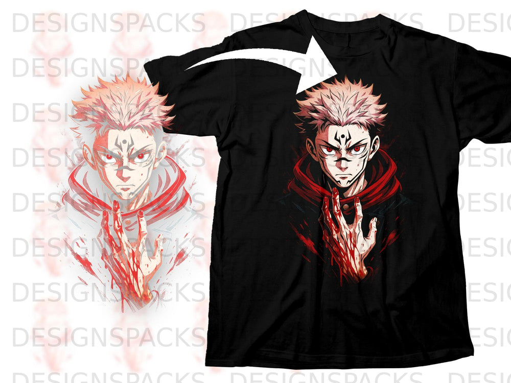 Black t-shirt with anime character illustration on the front.