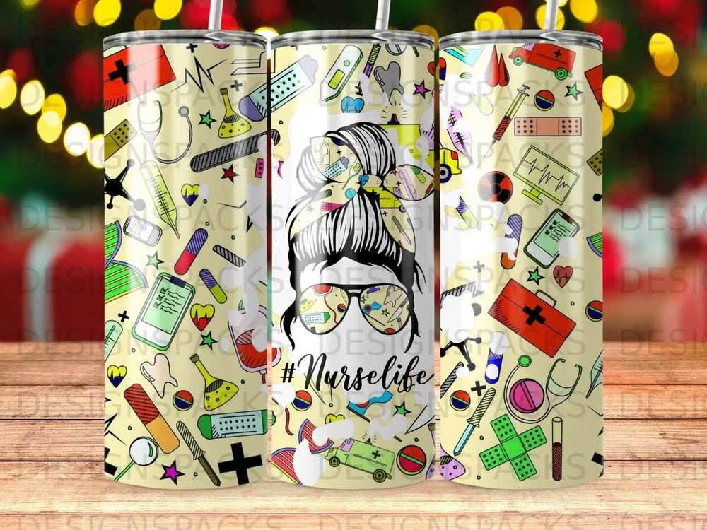 Tumbler with a messy bun nurse design and "#Nurselife" text.