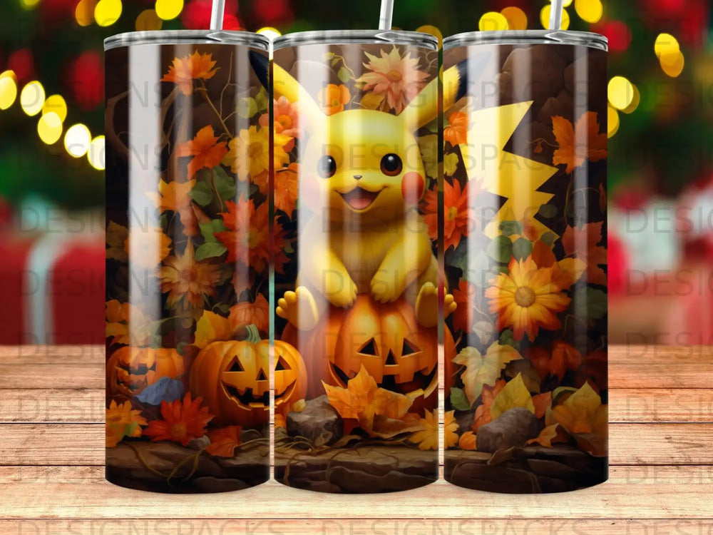 Pikachu sitting in a carved jack-o'-lantern surrounded by autumn leaves.