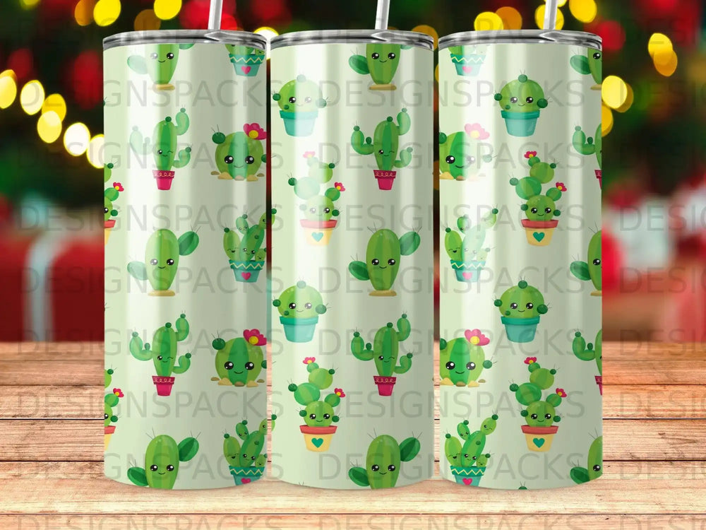 Green tumbler with repeating pattern of cartoon cacti in pots.