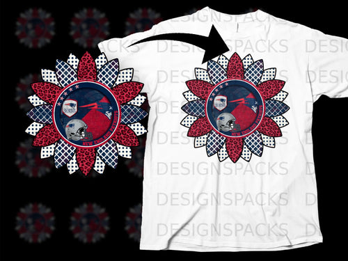 New England Patriots circular design with helmet and leopard print on a white t-shirt.