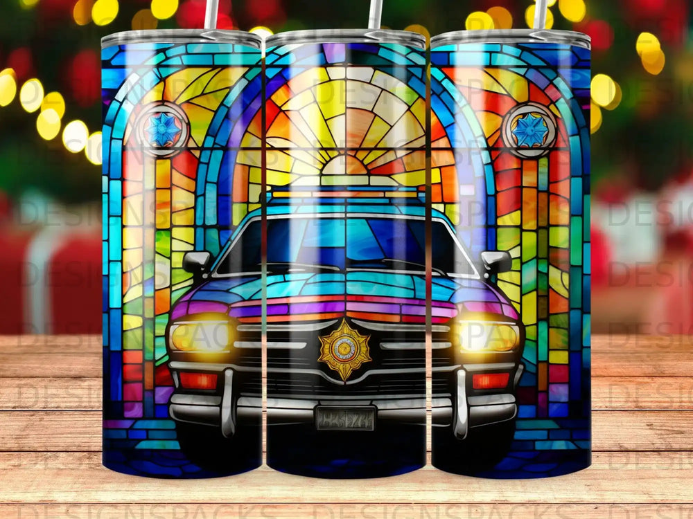 Stained glass police car front view with colorful light beams.