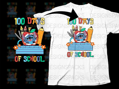 Stitch 100 Days of School T-shirt design with apple, crayons, pencil, ruler, colorful text