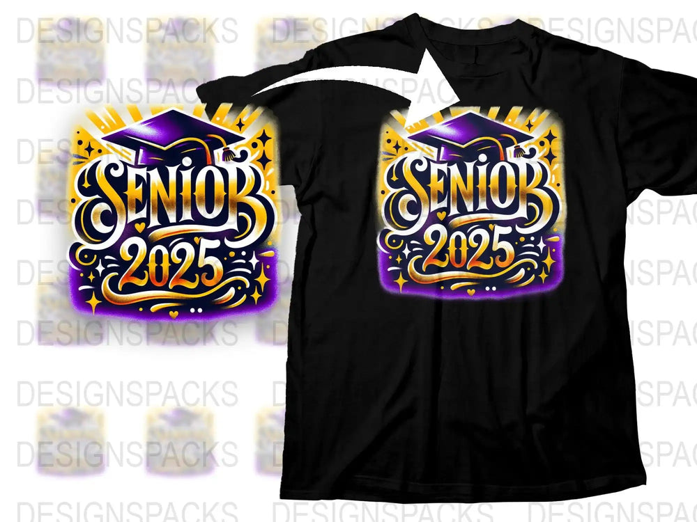 Senior 2025 graduation design on black t-shirt, purple and gold cap graphic, print-ready SVG/PNG