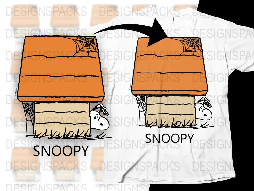 Snoopy in doghouse with spiderwebs, print-ready design for t-shirts