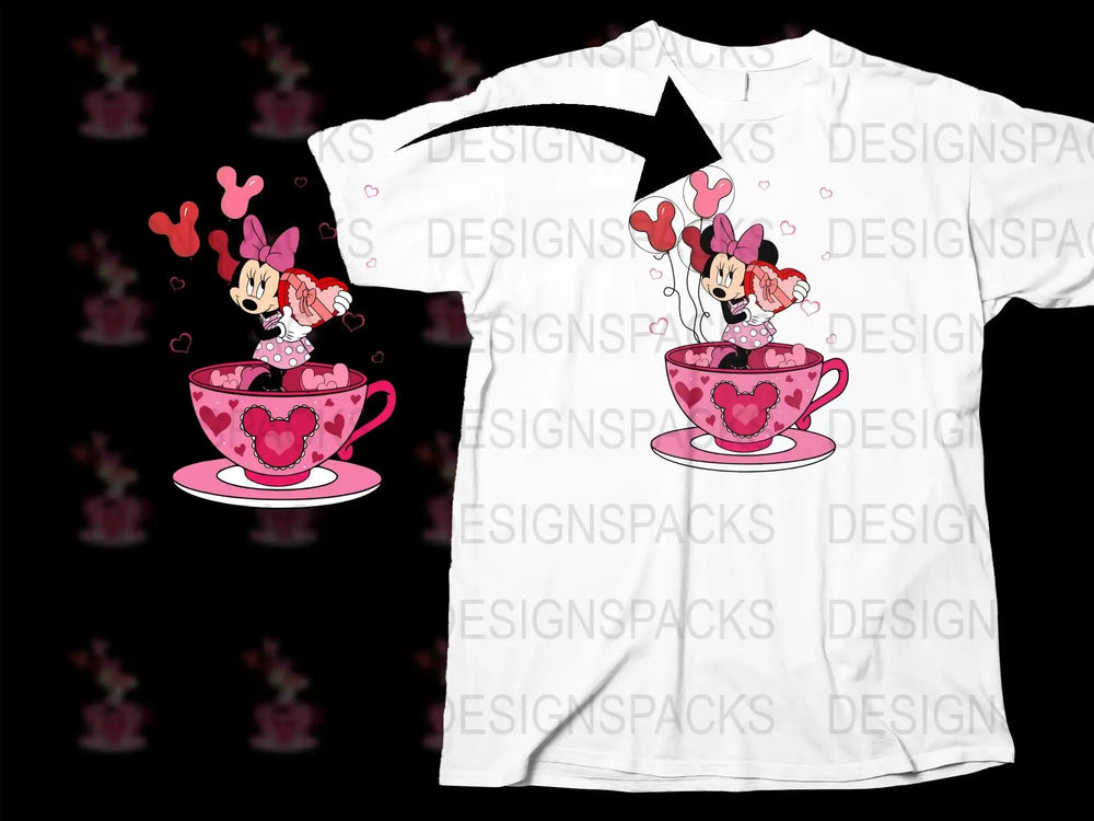 Minnie Mouse in pink tea cup design for t-shirts, perfect for DTF/DTG printing