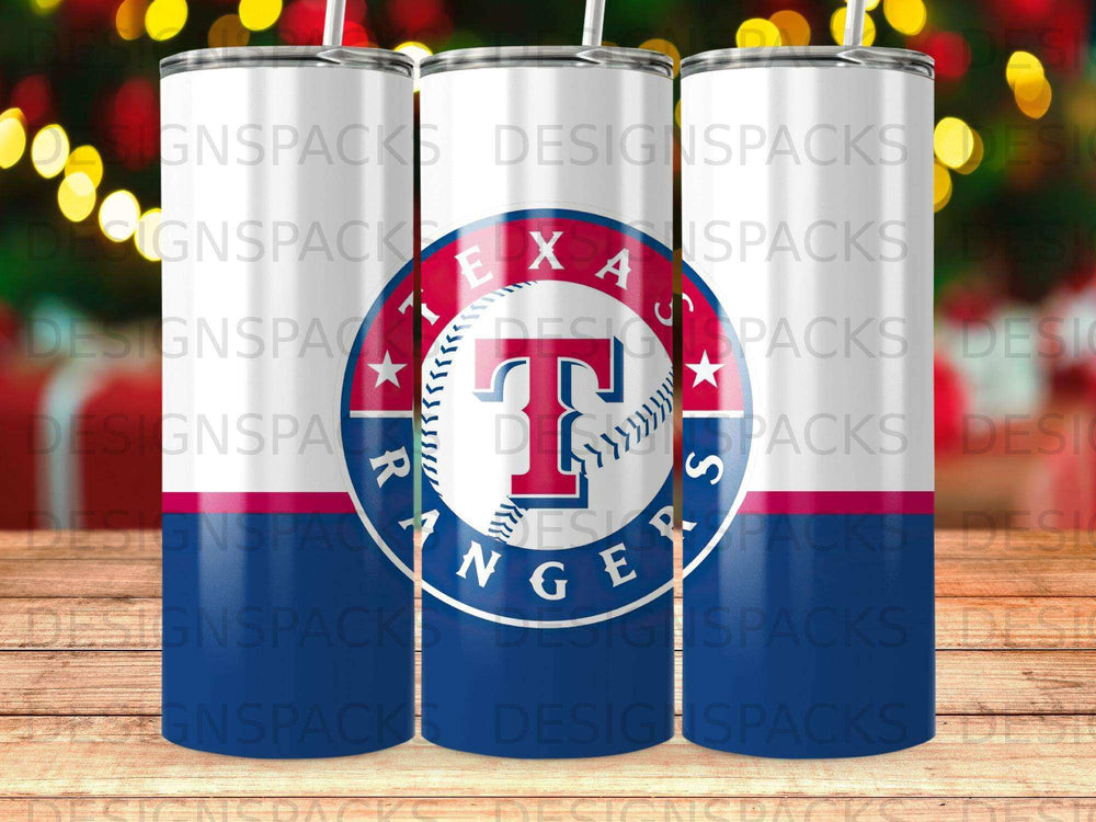 Texas Rangers logo on a blue and white striped tumbler.