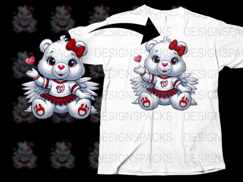 Cute angel bear with red bow, wings, and 'Be Mine' heart, printed on white t-shirt for DTF/DTG designs