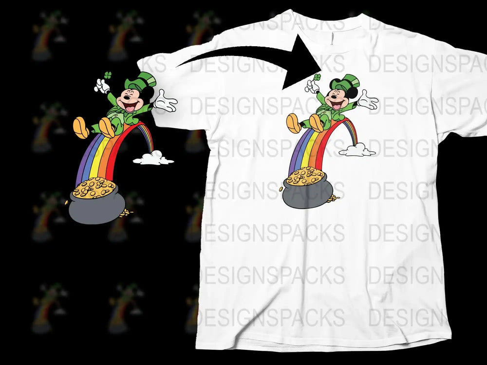 Mickey Mouse in green leprechaun outfit on rainbow with pot of gold, print-ready design