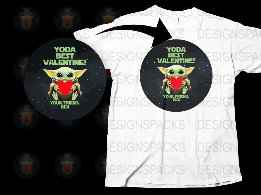 Yoda Best Valentine design on white t-shirt, holding red heart, print-ready for DTF/DTG