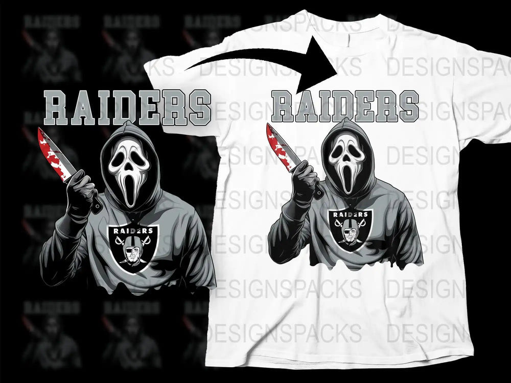 Raiders Scream Mask T-Shirt Design with Bloody Knife Graphic