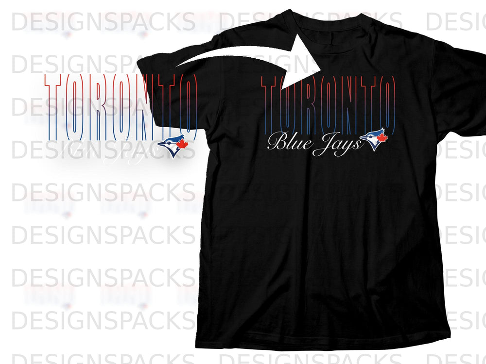 Black t-shirt with gradient "TORONTO" text and Blue Jays logo.