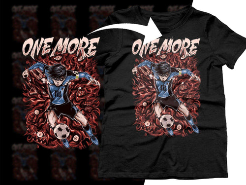 Soccer player anime design on black t-shirt, 'ONE MORE' text, red flames, print-ready graphic for DTF DTG