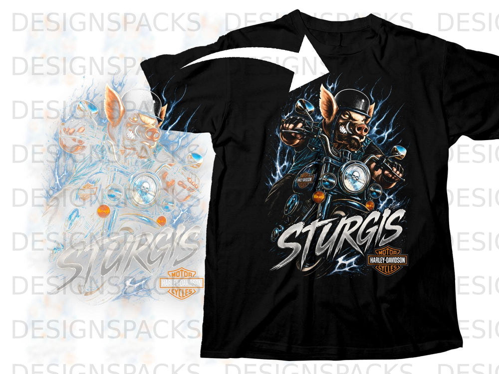 Black t-shirt with a pig biker graphic and "Sturgis Harley-Davidson Cycles" text.